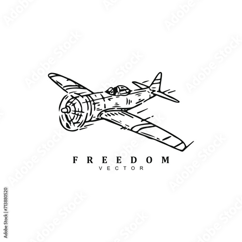 Vintage retro hand drawn flying military plane vector art illustration