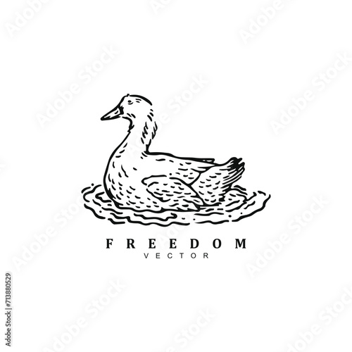 Vintage retro hand drawn swimming duck in the pond logo design vector