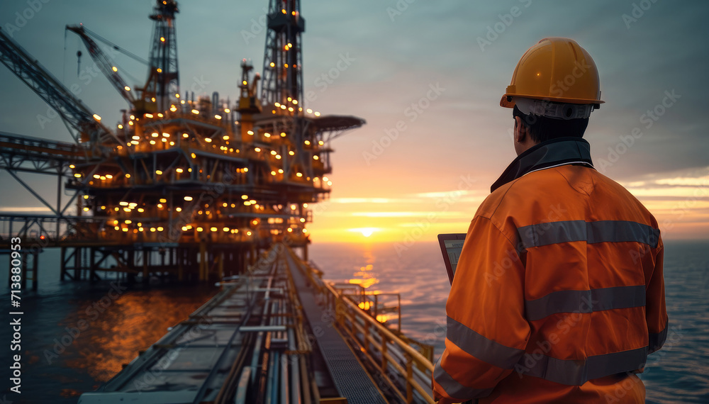 Stationary or technical engineer at work, A petroleum engineer inspecting an oil rig. Generative AI.