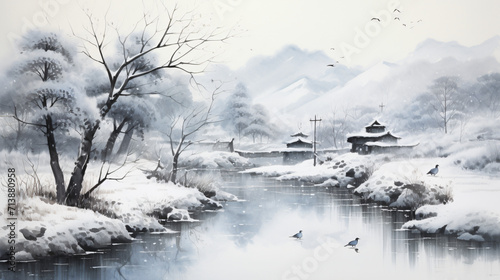 Ink landscape painting in winter.