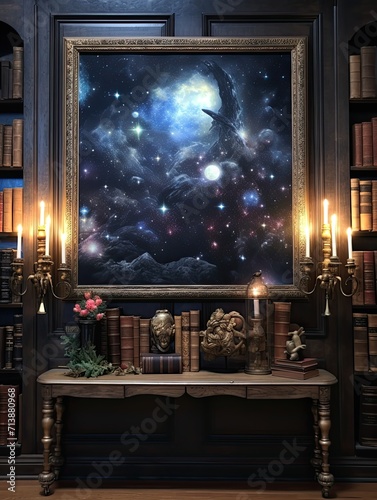 Midnight Celestial Starry Skies Wall Art  Galactic Glow Vintage Painting