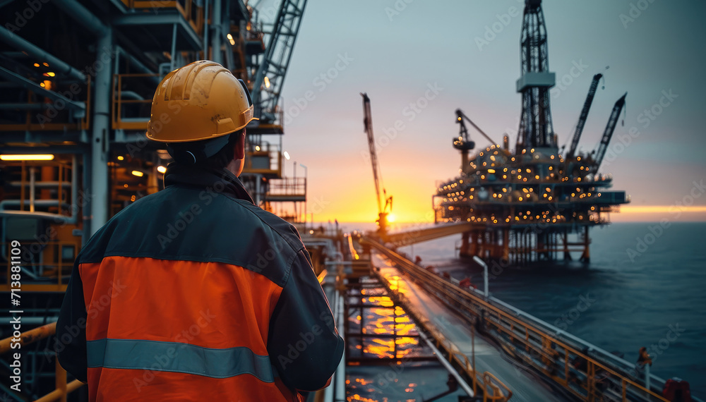 Stationary or technical engineer at work, A petroleum engineer inspecting an oil rig. Generative AI. Stationary or technical engineer at work, A petroleum engineer inspecting an oil rig. Generative AI.