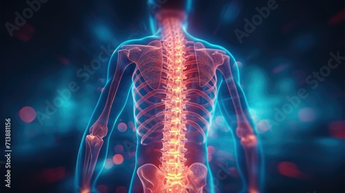 X Ray 3D Rendering, Man with severe pain in the lower spine and intervertebral discs. Generative AI. photo