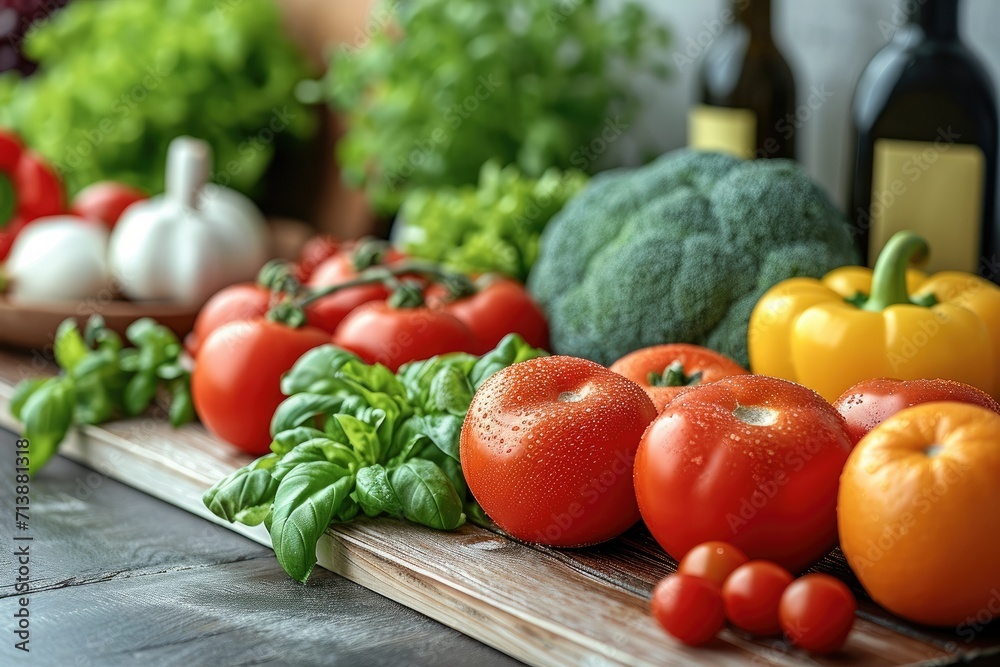 Fresh vegetables and fruits on a wooden table, Kitchen background. Generative AI. Fresh vegetables and fruits on a wooden table, Kitchen background. Generative AI.
