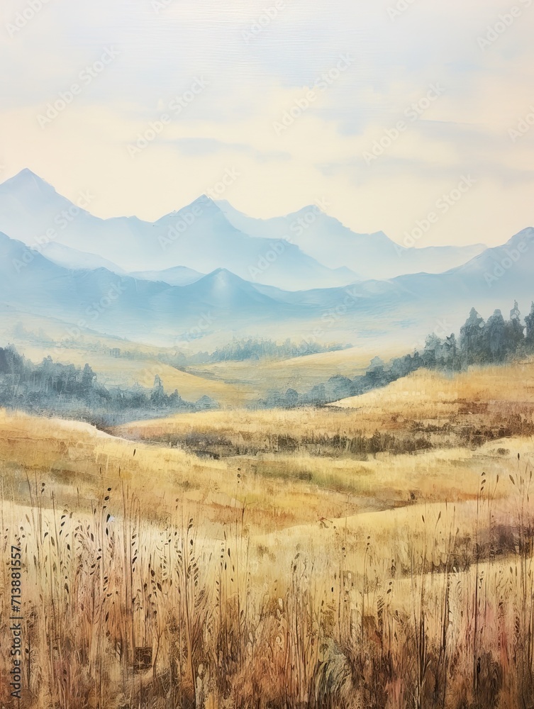 A Vintage Journey through Minimalist Mountain Landscapes and Rolling Hills Field Painting