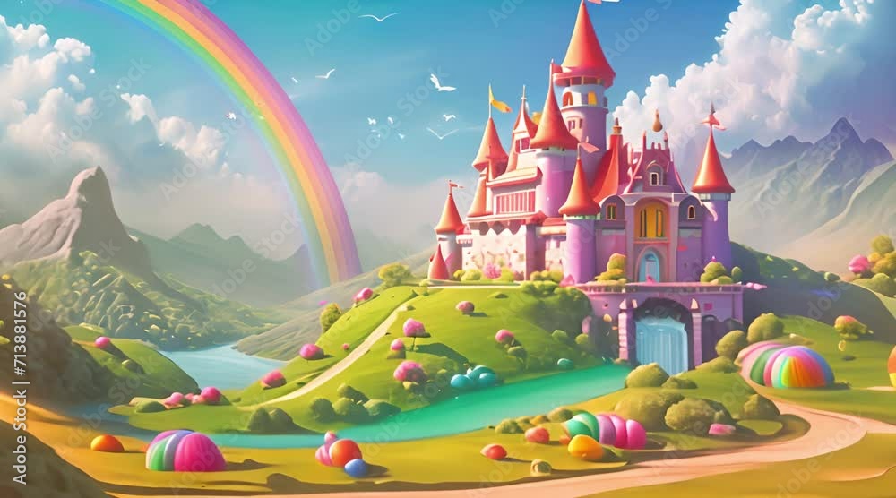 castle in fairy tale fairyland with majestic palace lots of rainbows, rivers, cartoon animation video background