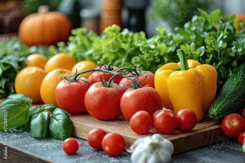 Fresh vegetables and fruits on a wooden table  Kitchen background. Generative AI.