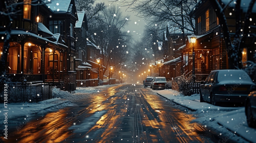 Fototapeta premium The streets are empty in winter and snow is falling in the sky. Generative AI.