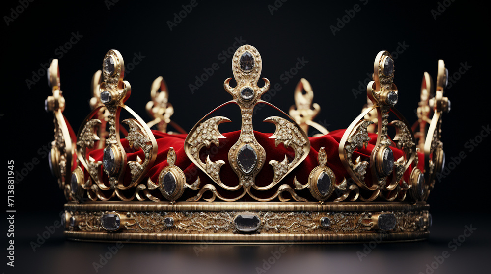 3d royal golden crown with red and green diamonds on isolated background. Textured king gold crown. - obrazy, fototapety, plakaty 