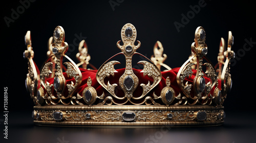 3d royal golden crown with red and green diamonds on isolated background. Textured king gold crown. photo