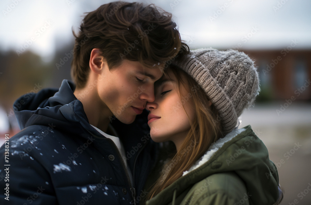Closeup of young couple outdoors in winter with man kissing girlfriend gently on forehead