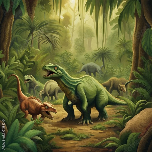 background illustration of dinosaurs in the middle of the forest