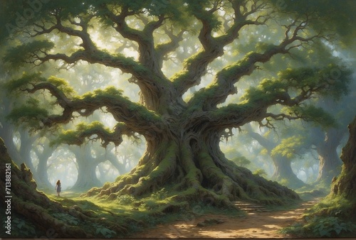 An opulent, labyrinthine forest depicted in a richly textured oil painting. The focal point of the image is a towering ancient oak tree © DynaVerse3D