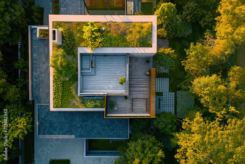 high view of a modern minimalist house with a big flowers garden