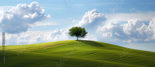 A solitary tree adorns a lush hill, basking under a dramatic sky, an idyllic scene of pastoral peace and simplicity
