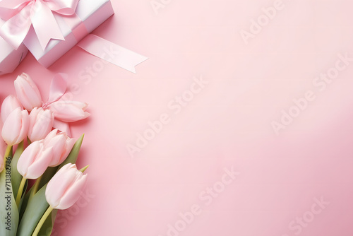 Romantic concept for Mother's Day or Valentine's Day. Top view photo featuring a gift box adorned with a ribbon and a bouquet of tulips on a pink background. Valentine pink background with copy space. © jex