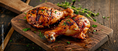 Grilled to perfection, chicken drumsticks sit tantalizingly on a wooden board, sprinkled with fresh herbs ready to delight the senses photo