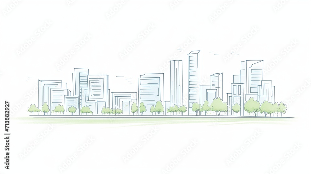 City skyline sketch featuring an array of urban buildings, high-rises, and architectural structures with detailed line art.