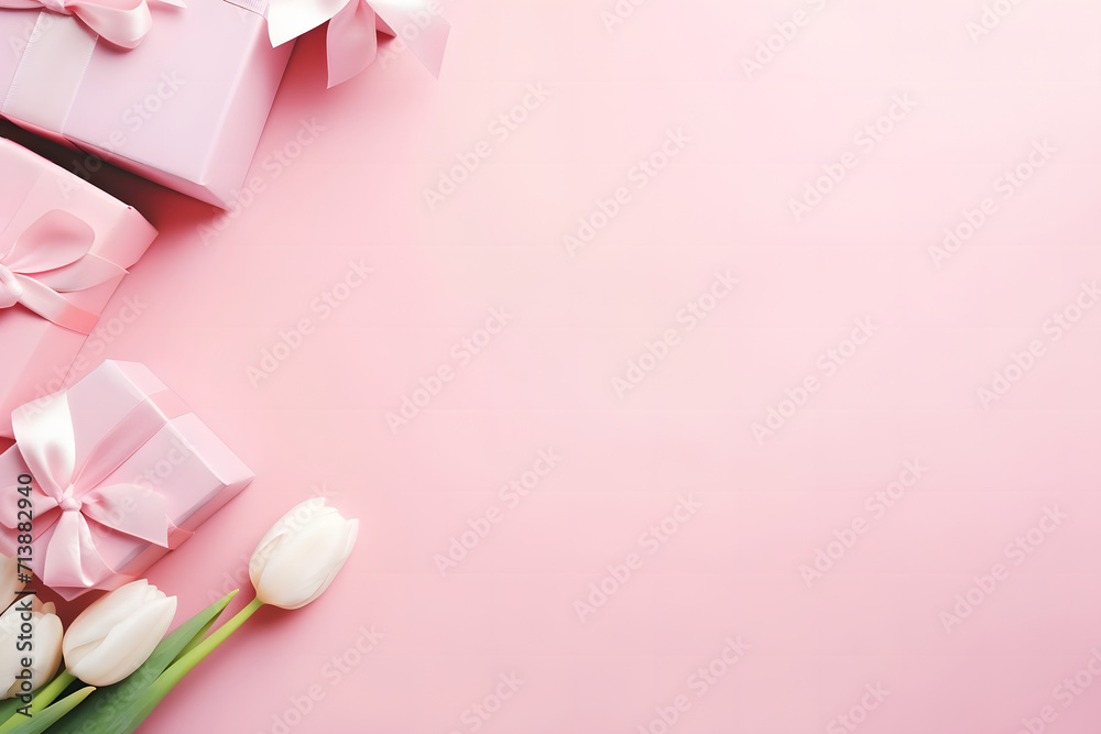 Romantic concept for Mother's Day or Valentine's Day. Top view photo featuring a gift box adorned with a ribbon and a bouquet of tulips on a pink background. Valentine pink background with copy space. Romantic concept for Mother's Day or Valentine's Day. Top view photo featuring a gift box adorned with a ribbon and a bouquet of tulips on a pink background. Valentine pink background with copy space.