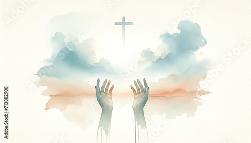 Watercolor illustration of hands with a cross in the sky and clouds