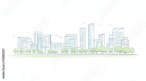 City skyline sketch featuring an array of urban buildings  high-rises  and architectural structures with detailed line art.