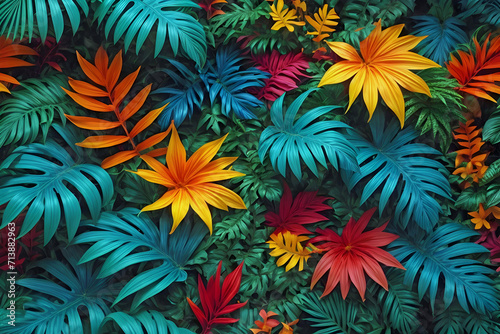 Coloful Assortment of Jungle Leaves and Flowers Background Wallpaper Generative AI