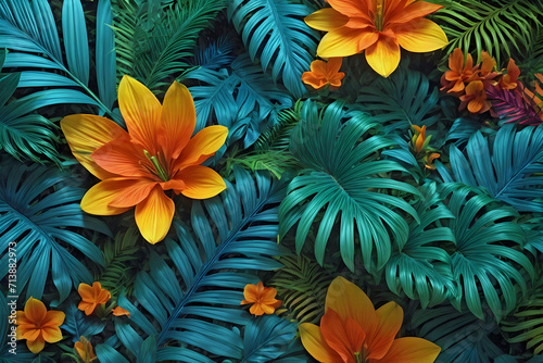 Coloful Assortment of Jungle Leaves and Flowers Background Wallpaper Generative AI © Mordikai Art