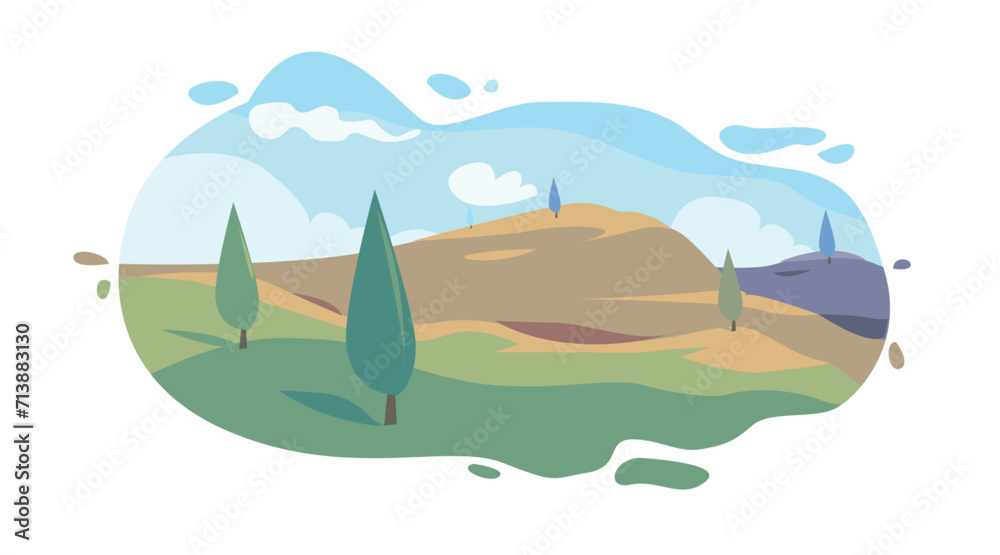 Vector Landscape illustration of Green Hills and Blue Sky in the Summer morning 