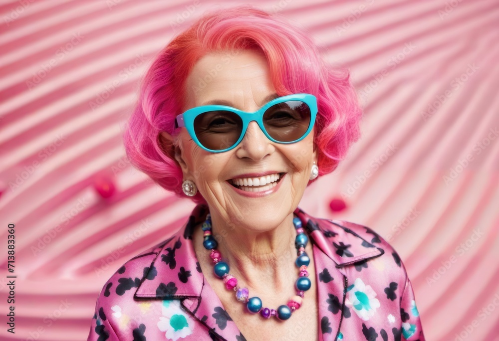 An older woman with pink hair and wearing blue sunglasses smiles brightly, wearing brightly colored clothes An older woman with pink hair and wearing blue sunglasses smiles brightly, wearing brightly colored clothes