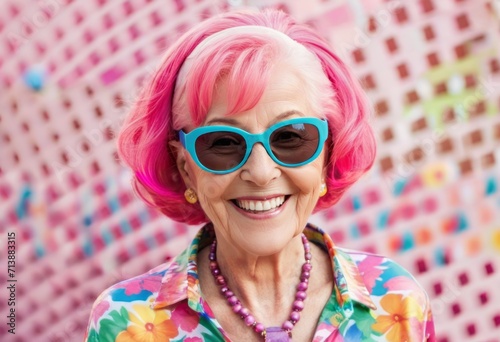 An older woman with pink hair and wearing blue sunglasses smiles brightly, wearing brightly colored clothes