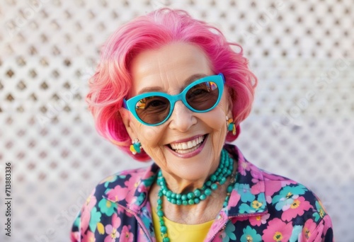 An older woman with pink hair and wearing blue sunglasses smiles brightly, wearing brightly colored clothes