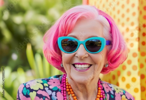 An older woman with pink hair and wearing blue sunglasses smiles brightly, wearing brightly colored clothes © OlScher