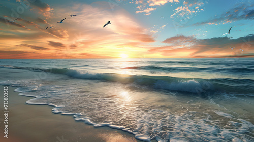 Gentle Waves and Seagulls in Tranquil Ocean Sunset
