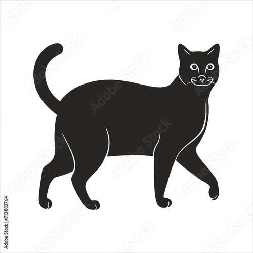 black silhouette of a  cat with thick outline side view isolated