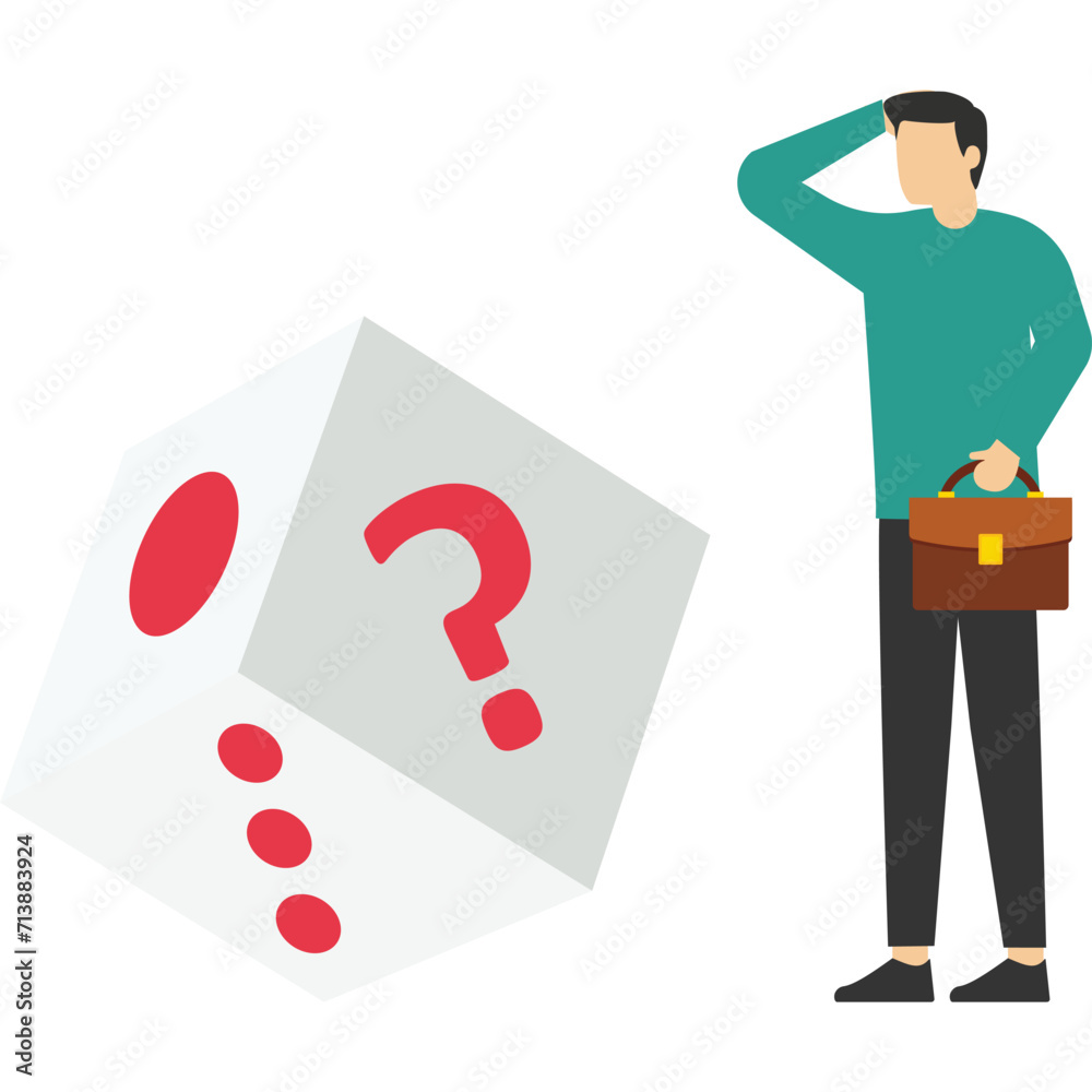 Businessman standing and thinking about question, throwing dice, question marks, gambling, Vector illustration design concept in flat style
Businessman standing and thinking about question, throwing dice, question marks, gambling, Vector illustration design concept in flat style