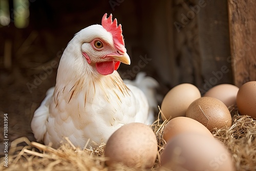 white chicken hen sitting in a laying nest with eggs, farm chicken coop