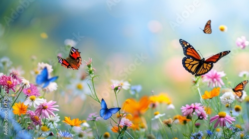Meadow filled with colorful butterflies alighting on freshly bloomed flowers