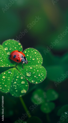 Ladybug on Dewy Four-Leaf Clover Leaf Close-Up 