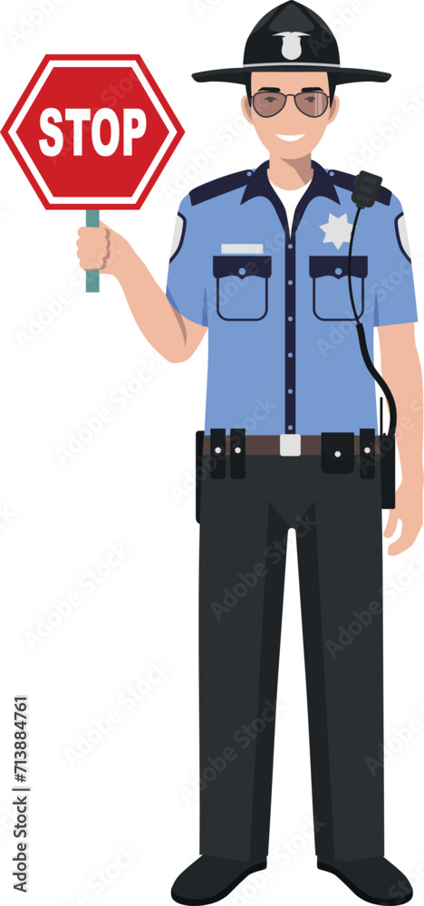 Standing American Policeman Sheriff Officer with Warning Sign Stop in Traditional Uniform Character Icon in Flat Style. Vector Illustration