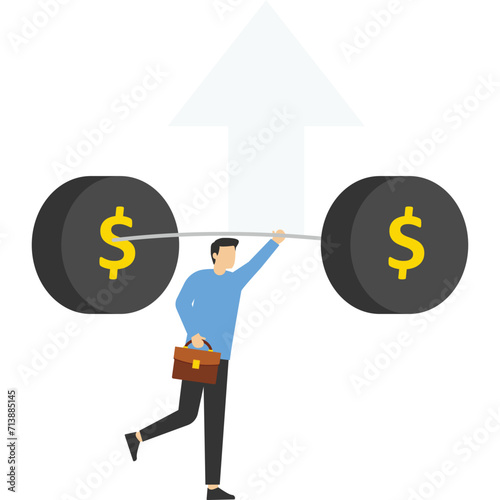 The power of business teamwork, corporate business success, making money from work, weightlifting victory, Vector illustration design concept in flat style


