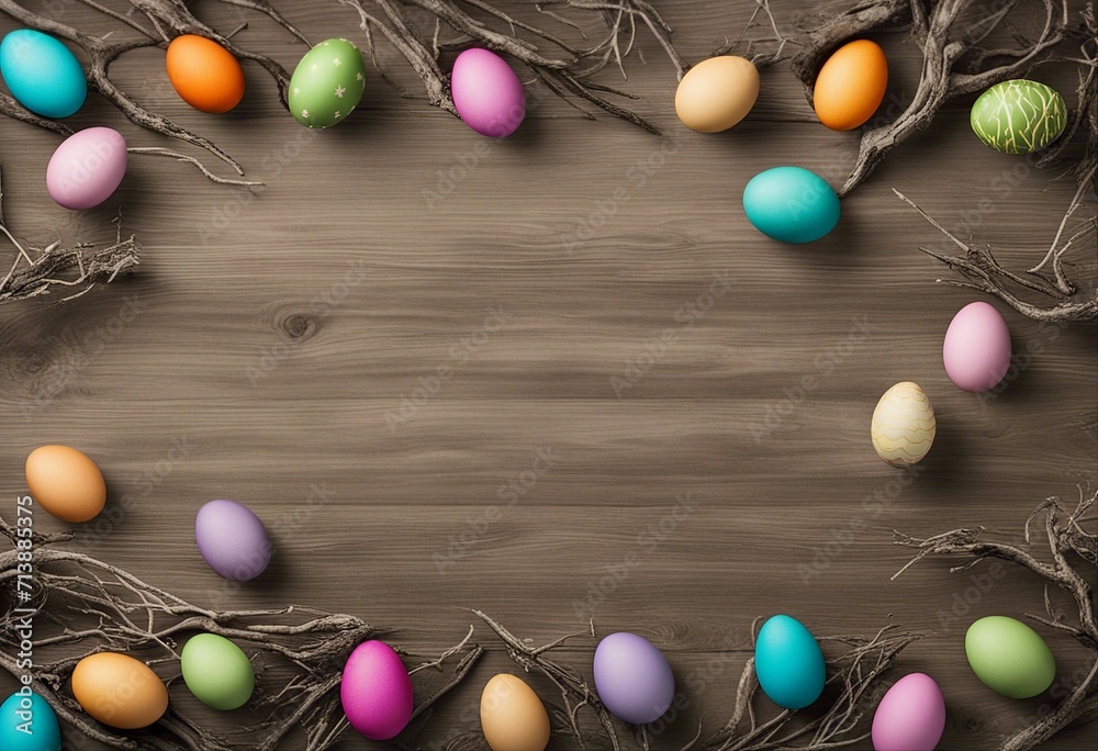Obraz premium Easter Eggs with Branches on Wood Background