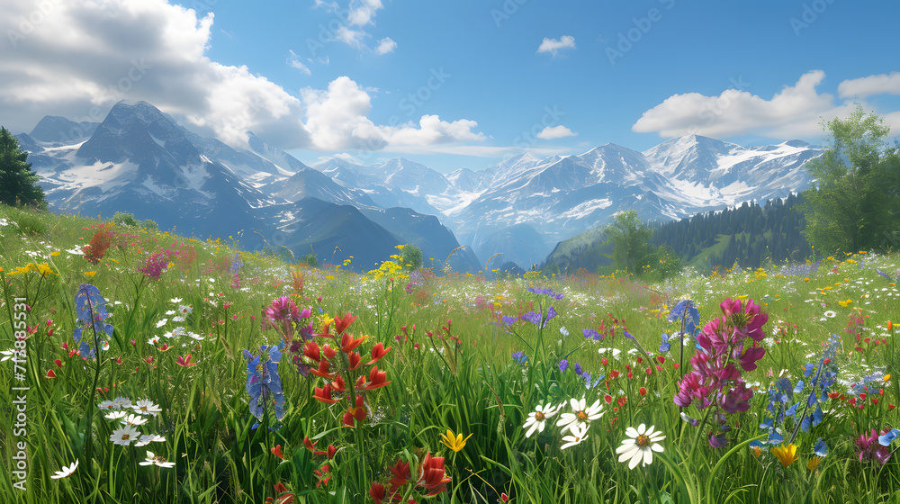 Breathtaking Alpine Meadow Blooming with Wildflowers and Mountain Vistas