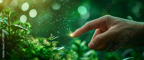 Human hand touching the green natural plants. Illuminated particle lights with hand's finger, green environment bokeh background photo