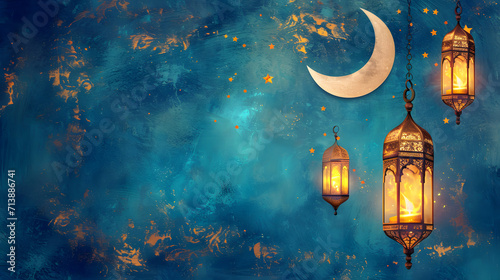 Ramadan background with lanterns and crescent moon
