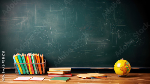 Back to school concept, design of school accessories on desk on  wooden background. Generative ai