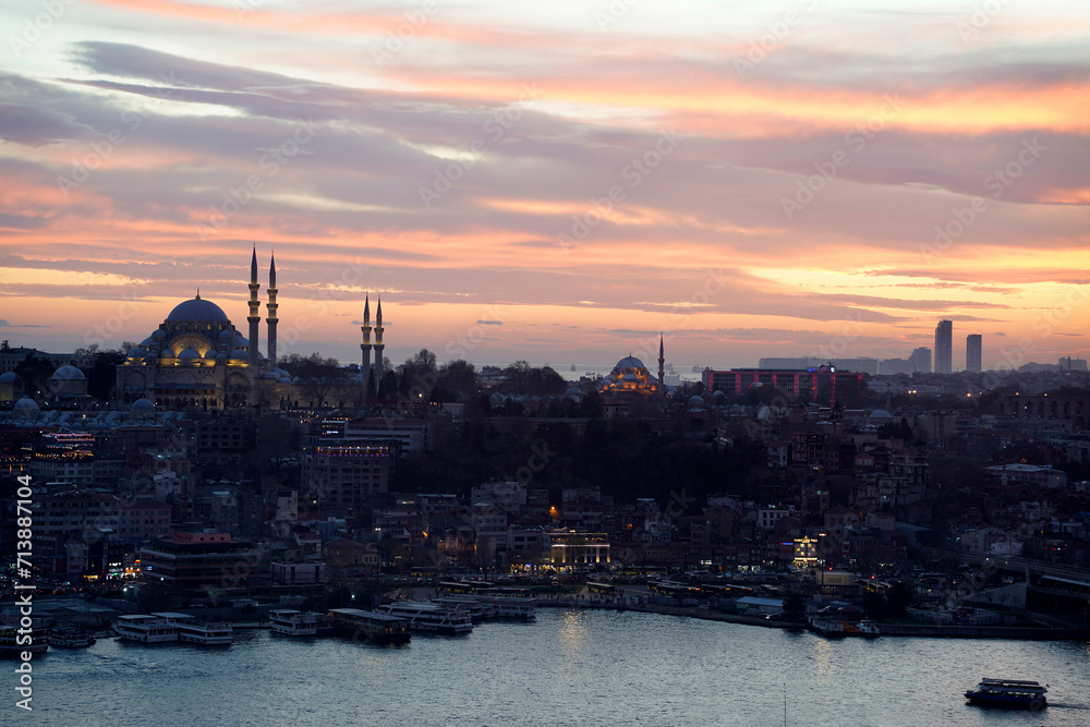 istanbul aerial cityscape at sunset from galata tower New and Suleymaniye Mosque