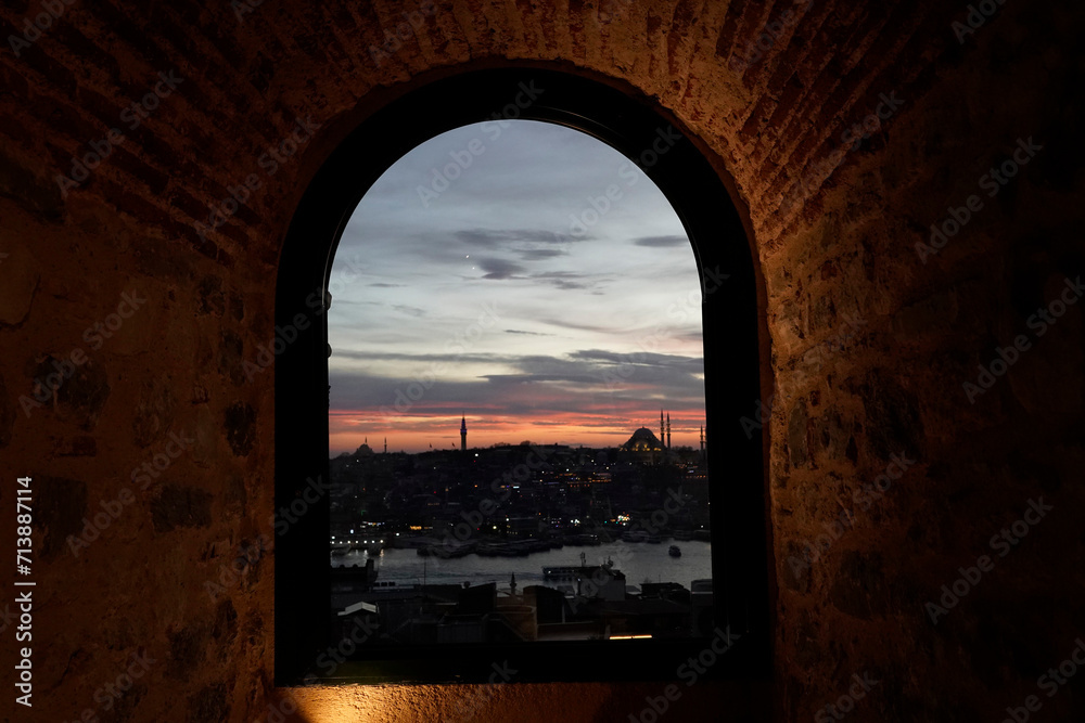 Fototapeta premium istanbul aerial cityscape at sunset from galata tower Window