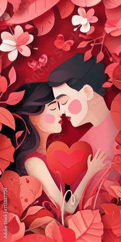 Valentine   s day cute couple  paper art in pink colors