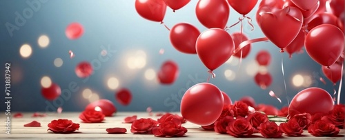 3d red balloons and rose flowers, with blur bokeh, valentine background photo