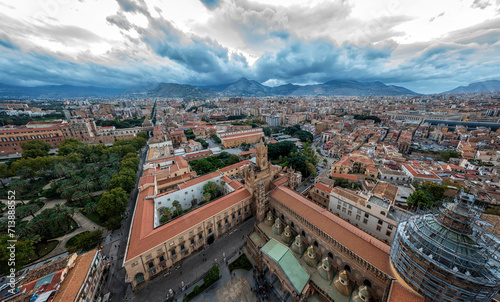 Stunning aerial panorama of city Palermo and cathedral, Sicily, Italy.